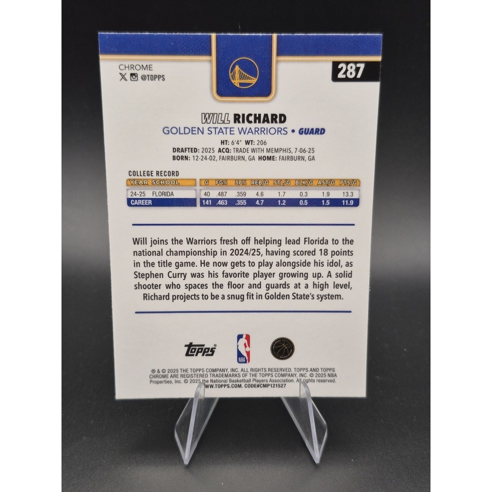 2025 Topps Chrome Will Richard #287 Rookie Hyper Refractor (RC) Warriors - Picture 2 of 8